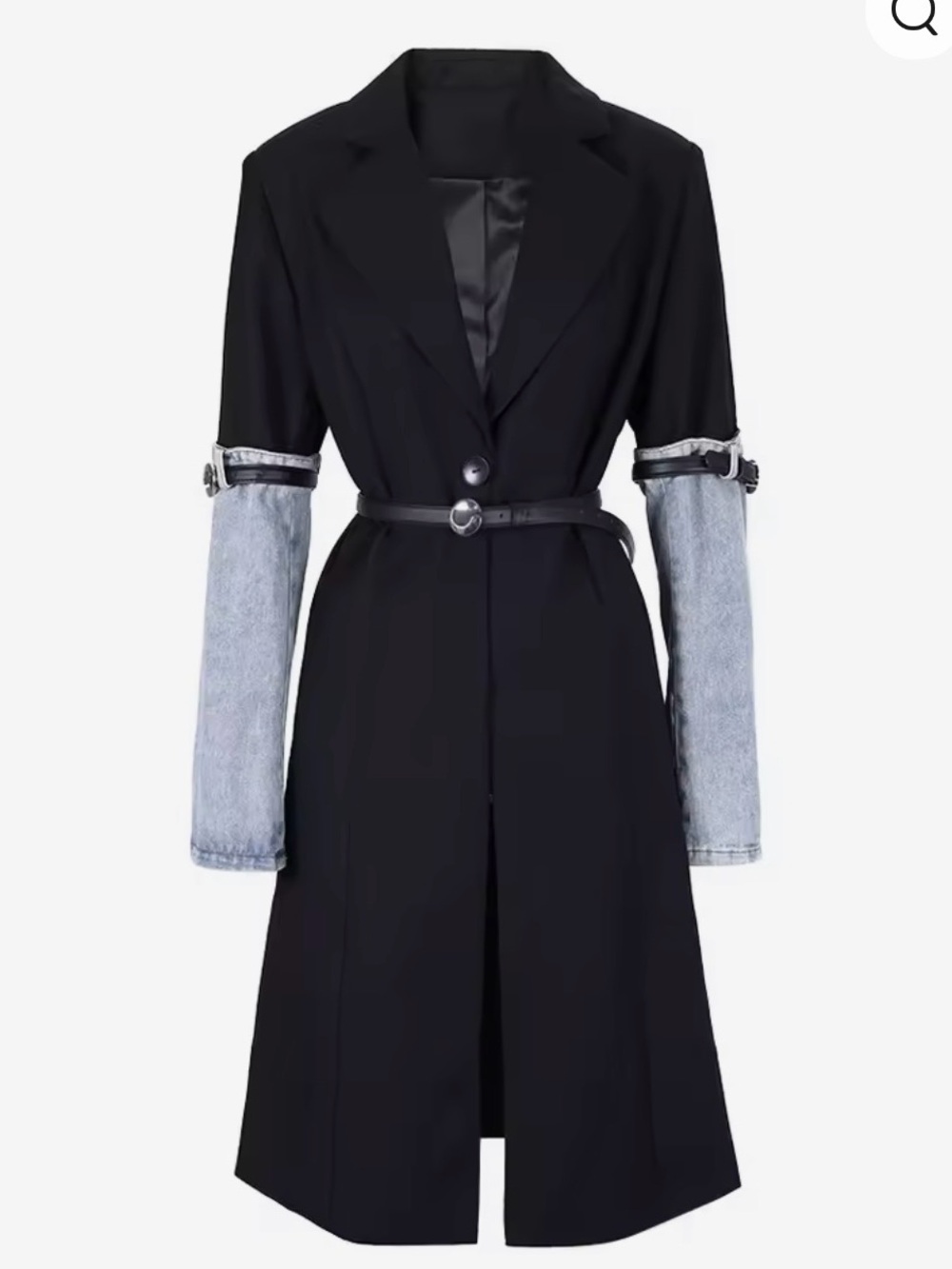 Black Women's Long Coat with  Denim Sleeve Details